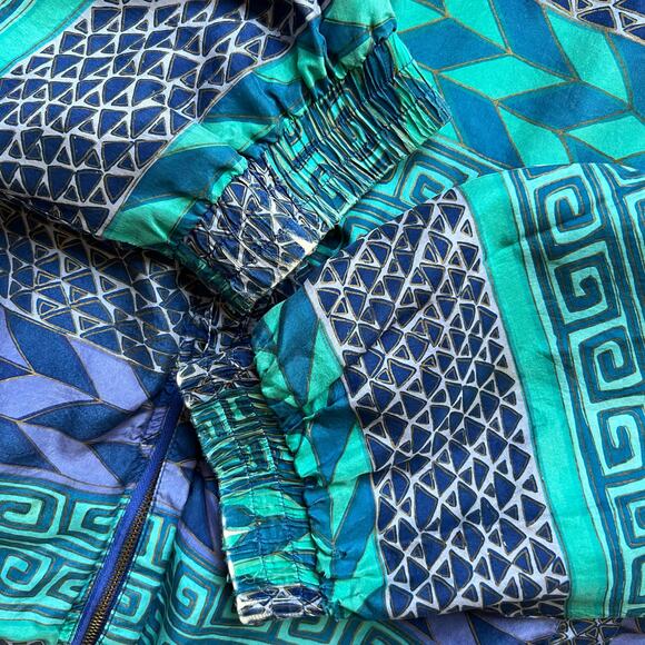 Vintage 80s 90s Silk Tribal Geometric Teal Green Blue Windbreaker Jacket African - Picture 6 of 8